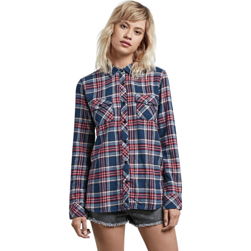 Volcom Vintage Navy Street Dreaming Navy Blue and Red Long Sleeve Check ...