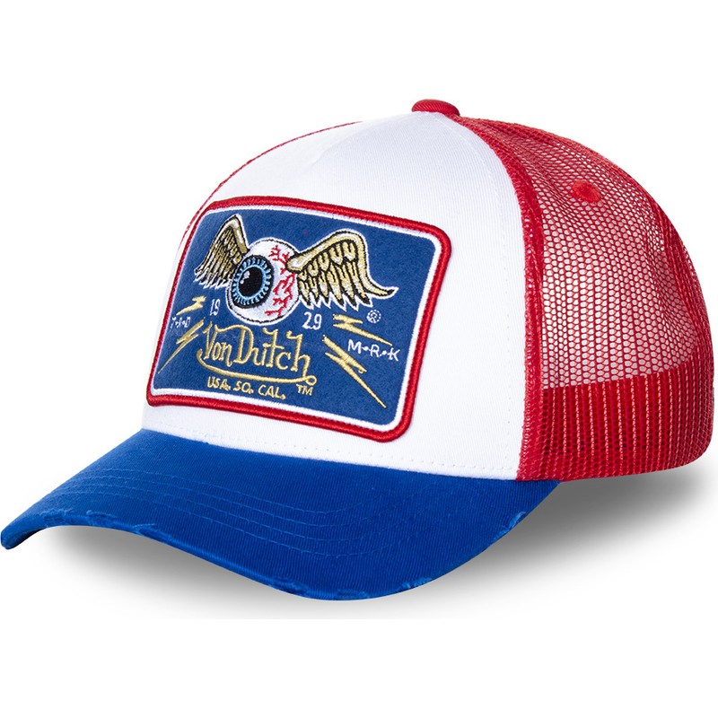 red and blue trucker hat