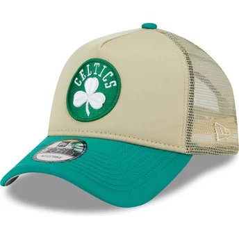 New Era 9FORTY A Frame All Day Trucker Boston Celtics NBA Beige and Green Trucker Hat