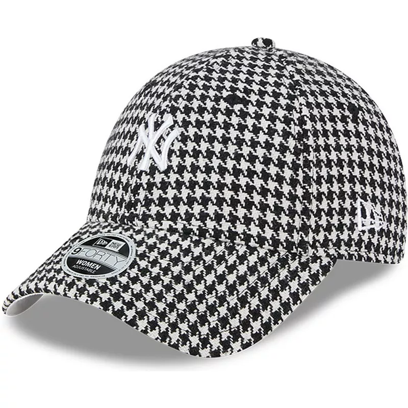 new-era-curved-brim-women-9forty-houndstooth-new-york-yankees-mlb-black-and-white-adjustable-cap