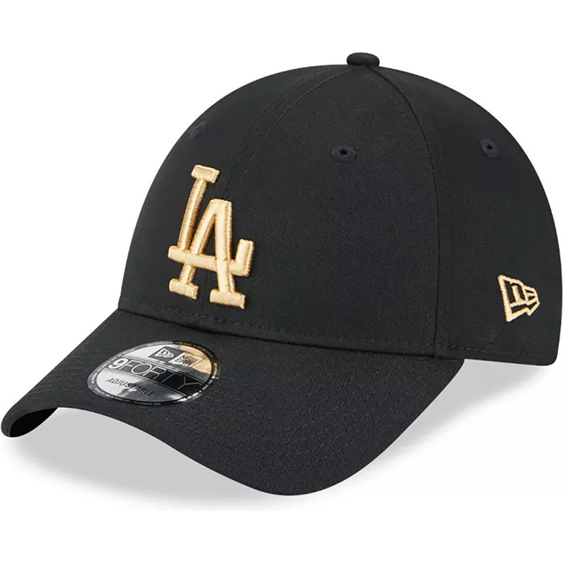 new-era-curved-brim-golden-logo-9forty-league-essential-los-angeles-dodgers-mlb-black-adjustable-cap