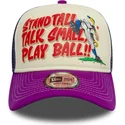 new-era-9forty-a-frame-graphic-stand-tall-talk-small-play-ball-beige-and-purple-trucker-hat