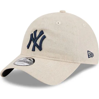 New Era Curved Brim Navy Blue Logo 9TWENTY Linen Spring Training Fan Pack 2025 New York Yankees MLB Beige Adjustable Cap