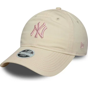 New Era Curved Brim Women Pink Logo 9TWENTY Contrast Stitch New York Yankees MLB Beige Adjustable Cap