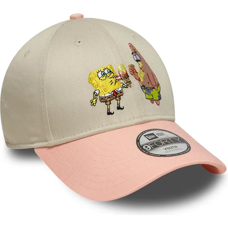 new-era-curved-brim-youth-spongebob-squarepants-and-patrick-star-9forty-beige-and-pink-snapback-cap
