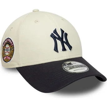 New Era Curved Brim Navy Blue Logo 9FORTY World Series New York Yankees MLB Beige and Navy Blue Adjustable Cap