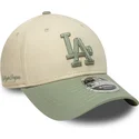 new-era-curved-brim-green-logo-9forty-m-crown-side-script-los-angeles-dodgers-mlb-beige-and-green-snapback-cap