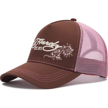 Ed Hardy Skull And Roses Brown and Pink Trucker Hat