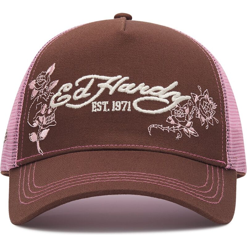 ed-hardy-skull-and-roses-brown-and-pink-trucker-hat