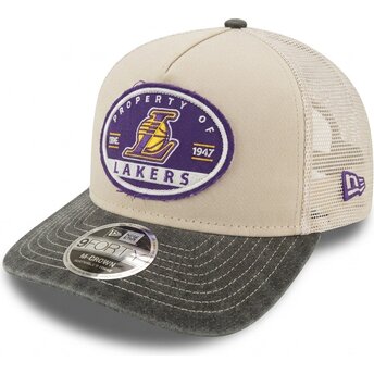 New Era 9FORTY M-Crown A Frame Fray Los Angeles Lakers NBA Beige and Grey Trucker Hat