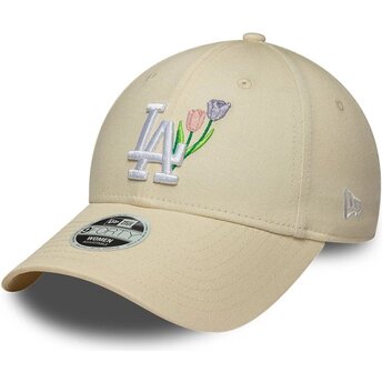 New Era Curved Brim Women 9FORTY Flower Icon Los Angeles Dodgers MLB Beige Adjustable Cap
