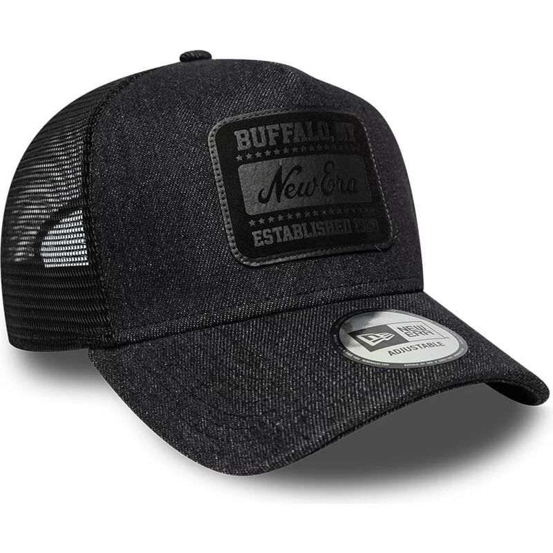 new-era-black-logo-a-frame-patch-denim-black-trucker-hat new-era-black-logo-a-frame-patch-denim-black-trucker-hat