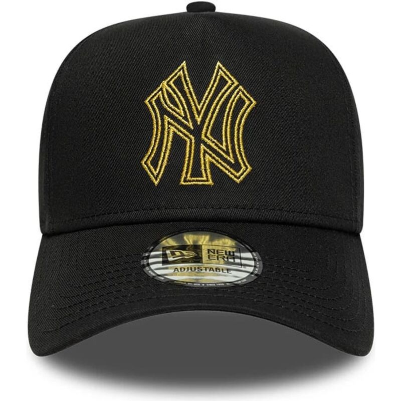new-era-curved-brim-golden-logo-e-frame-metallic-outline-new-york-yankees-mlb-black-snapback-cap