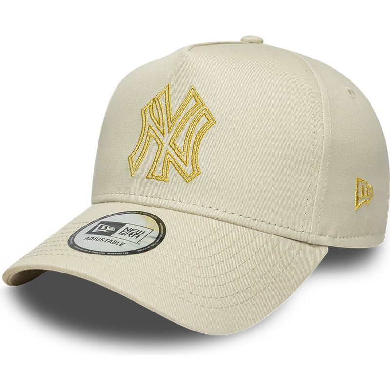 new-era-curved-brim-golden-logo-e-frame-metallic-outline-new-york-yankees-mlb-beige-snapback-cap