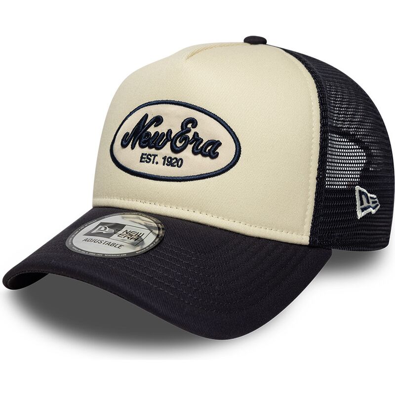 new-era-a-frame-oval-foam-patch-navy-blue-and-beige-trucker-hat new-era-a-frame-oval-foam-patch-navy-blue-and-beige-trucker-hat