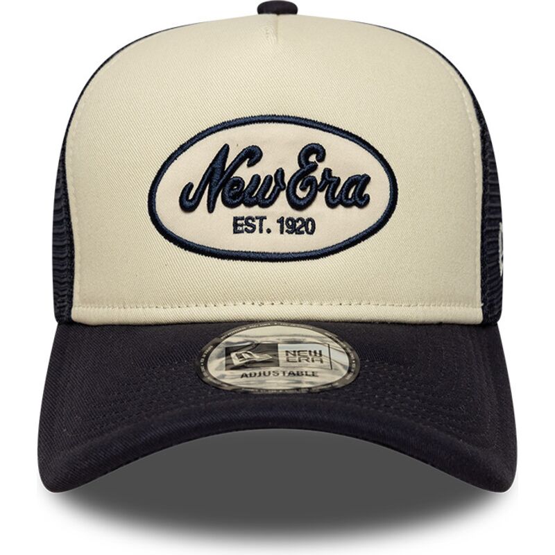 new-era-a-frame-oval-foam-patch-navy-blue-and-beige-trucker-hat new-era-a-frame-oval-foam-patch-navy-blue-and-beige-trucker-hat