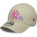 new-era-curved-brim-youth-pink-logo-9forty-dino-icon-new-york-yankees-mlb-beige-adjustable-cap