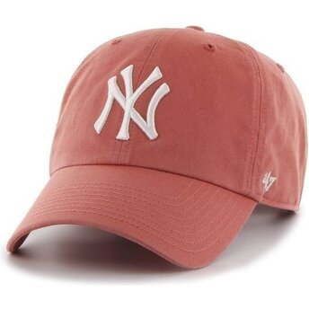 47 Brand Curved Brim Clean Up No Loop Label Island Red New York Yankees MLB Light Red Adjustable Cap