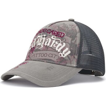 Ed Hardy Floral Tattoo City Vintage Wash Grey Trucker Hat