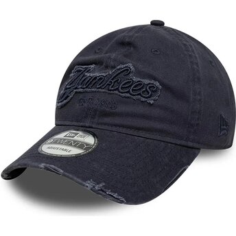 New Era Curved Brim Navy Blue Logo 9TWENTY Distress Wordmark New York Yankees MLB Navy Blue Adjustable Cap