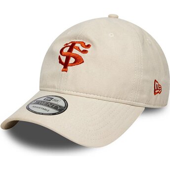 New Era Curved Brim Red Logo 9TWENTY Faux Suede Stade Toulousain Top 14 Beige Adjustable Cap