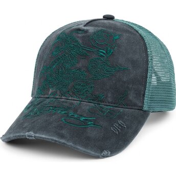 Ed Hardy Outline Dragon Distressed Black and Green Trucker Hat