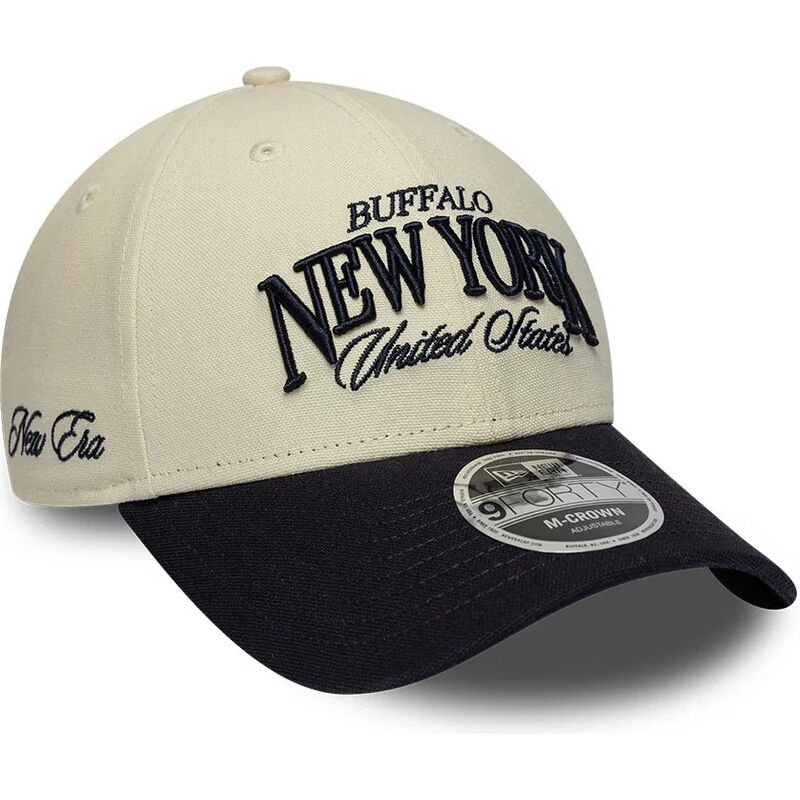 new-era-curved-brim-9forty-m-crown-wordmark-buffalo-new-york-beige-and-navy-blue-adjustable-cap new-era-curved-brim-9forty-m-crown-wordmark-buffalo-new-york-beige-and-navy-blue-adjustable-cap