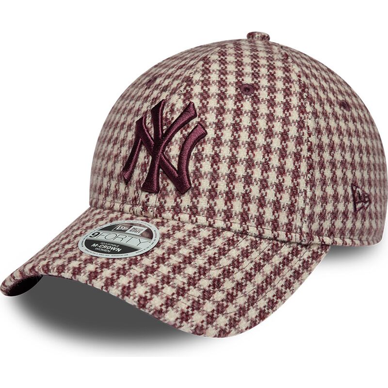 new-era-curved-brim-women-maroon-logo-9forty-m-crown-houndstooth-new-york-yankees-mlb-maroon-and-beige-adjustable-cap