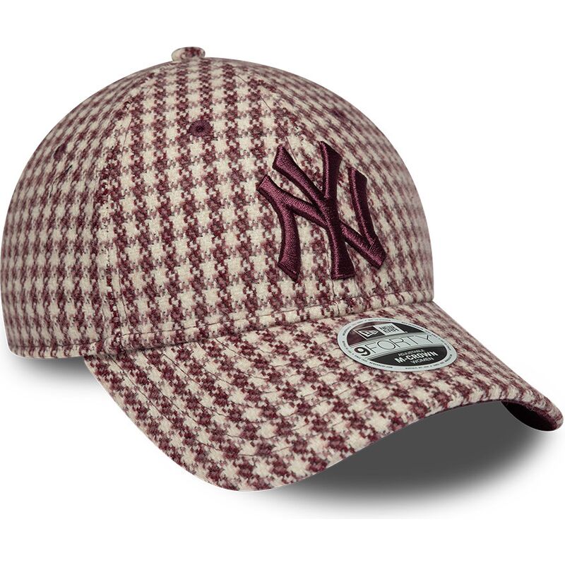new-era-curved-brim-women-maroon-logo-9forty-m-crown-houndstooth-new-york-yankees-mlb-maroon-and-beige-adjustable-cap