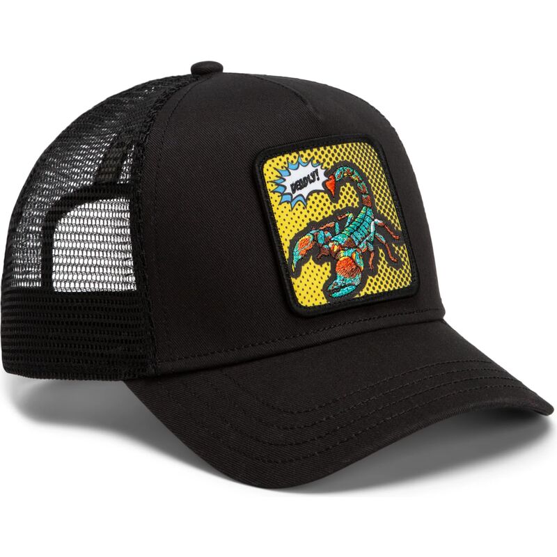 goorin-bros-deadly-scorpion-pop-art-strikes-back-the-farm-black-trucker-hat goorin-bros-deadly-scorpion-pop-art-strikes-back-the-farm-black-trucker-hat