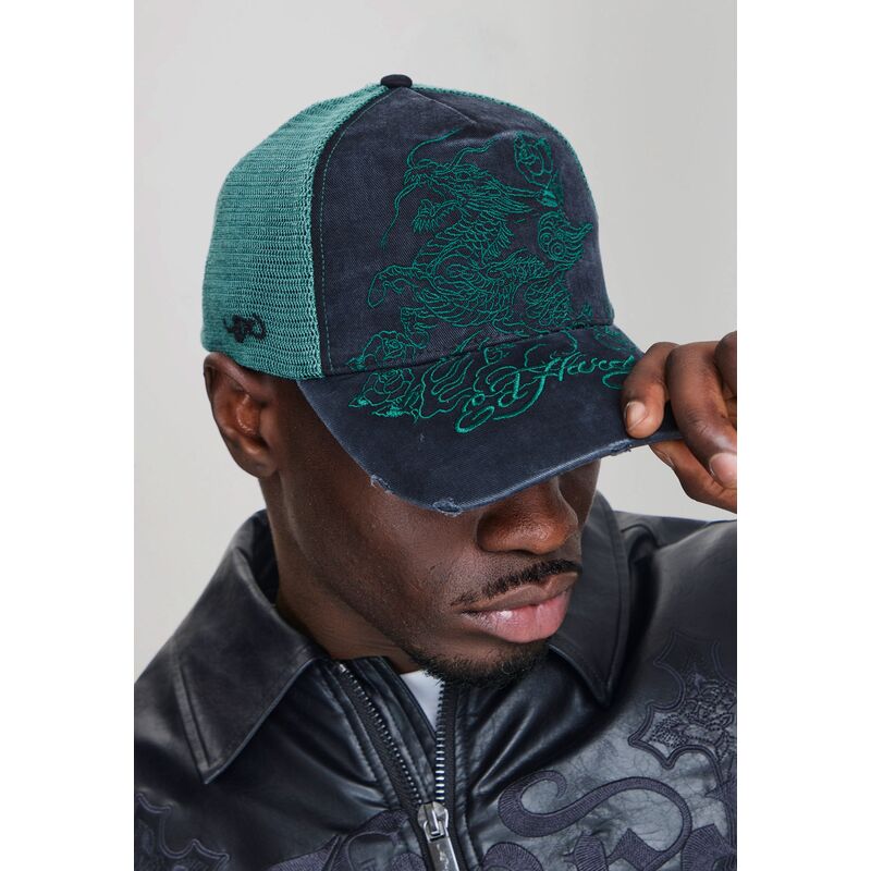 ed-hardy-outline-dragon-distressed-black-and-green-trucker-hat ed-hardy-outline-dragon-distressed-black-and-green-trucker-hat